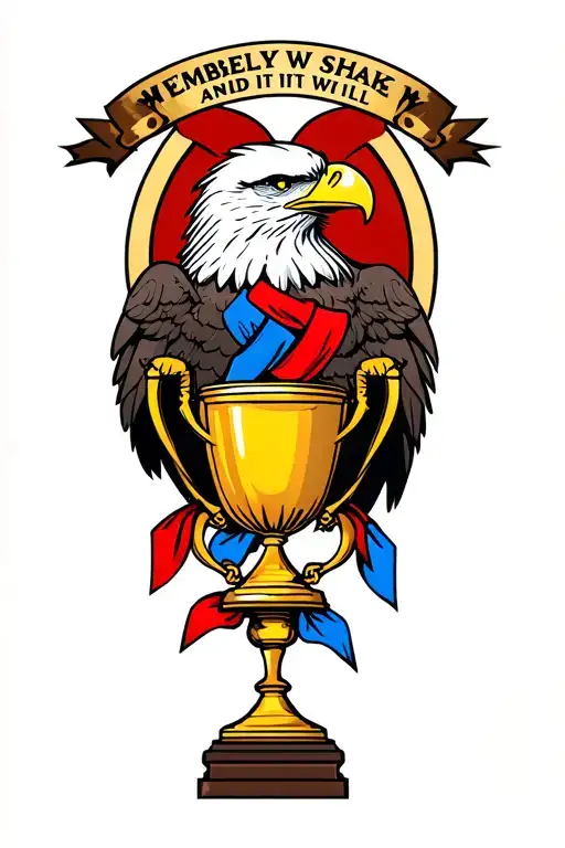 "Wembley will shake and it will" eagle holding trophy with red and blue ribbons please incorporate Wembley arch in background.  tattoo design idea