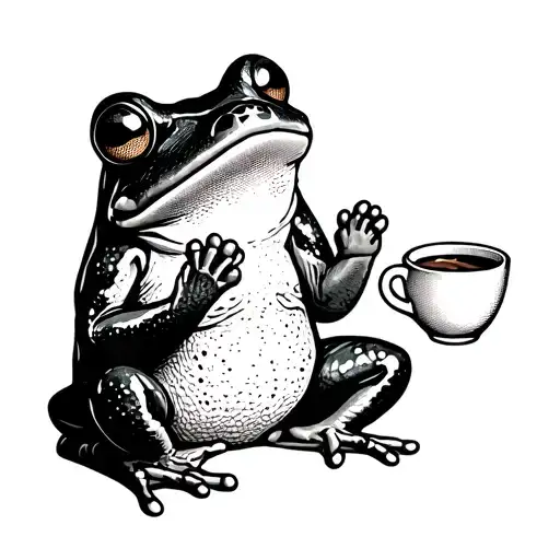 frog holding a mug of coffee tattoo design idea