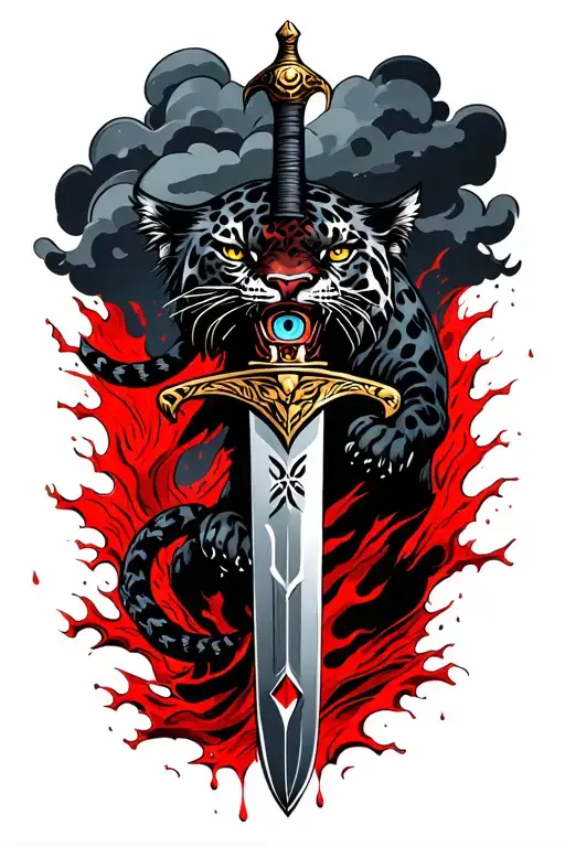 dagger through black storm cloud with  odin's eye pommel and black jaguar climbing the blade in blood red rain tattoo design idea
