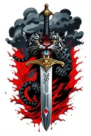dagger through black storm cloud with  odin's eye pommel and black jaguar climbing the blade in blood red rain tattoo design idea