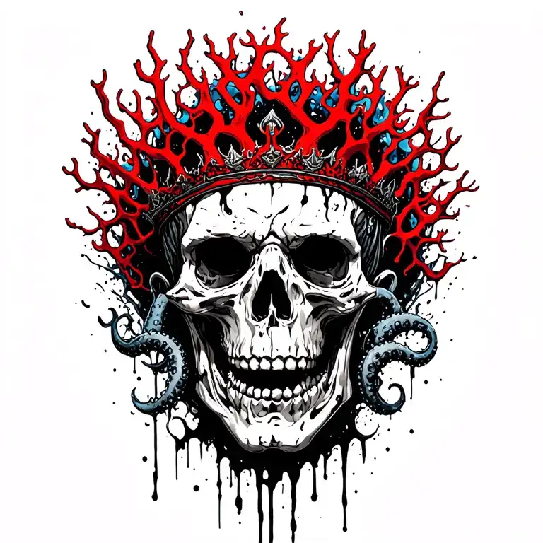 King Of Bones With A Coral Crown, Hades 2 Style, Eldritch, Tentacles, Lovecraftian, Deep Sea background  tattoo design idea