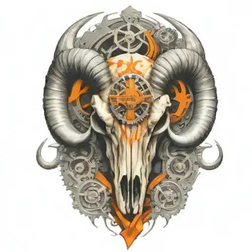 rocky mountain ram skull,  horns become exaust pipes, tattered orange ribbon, gears, airbrushed, chrome tattoo design idea