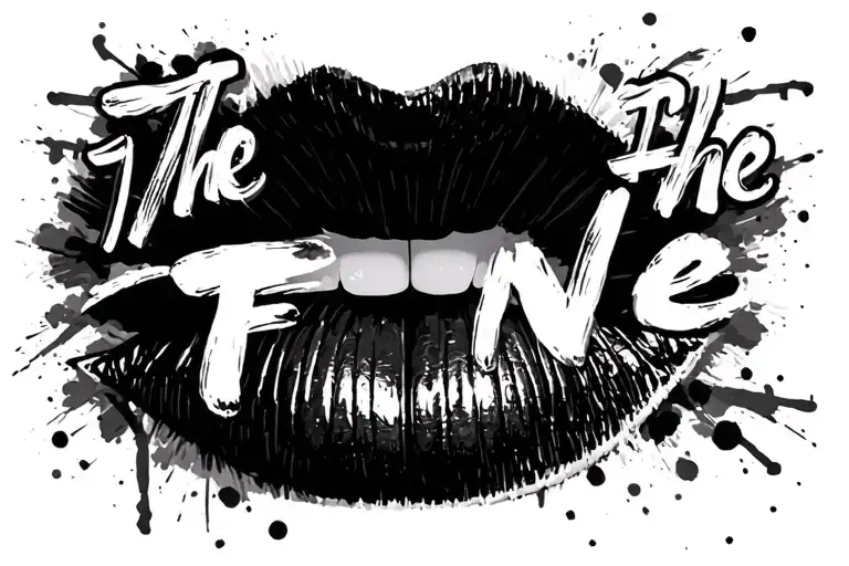 The text "The Fine" in a scribble font. Replace the pip on the 'i' with a metallic silver lipstick kiss mark. tattoo design idea