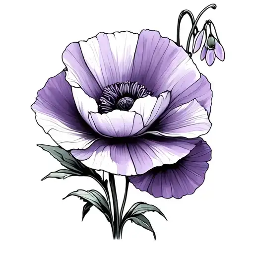 thin Line drawing of a poppy, violet, and snowdrop flowers  tattoo design idea