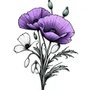 thin Line drawing of a poppy, violet, and snowdrop flowers  tattoo design idea