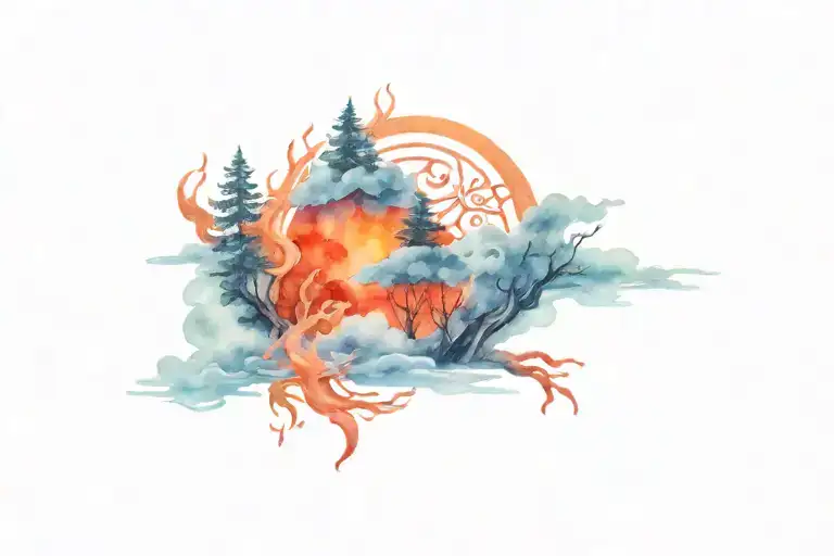 Japanese forest river covered in amaterasu flames on the night of the Sharingan moon tattoo design idea