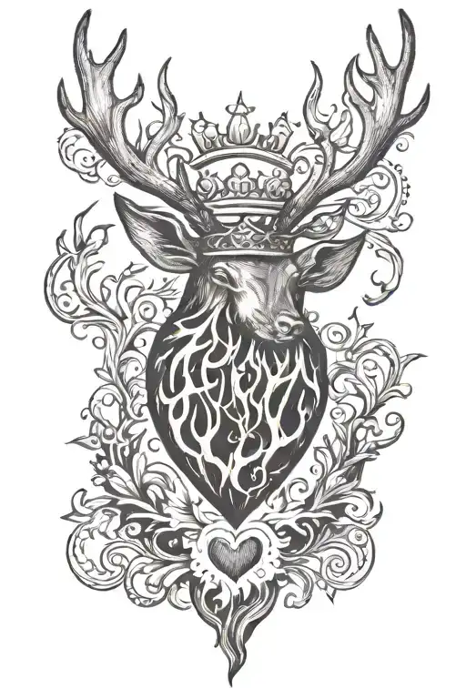 a heart on fire with antlers and a crown  tattoo design idea