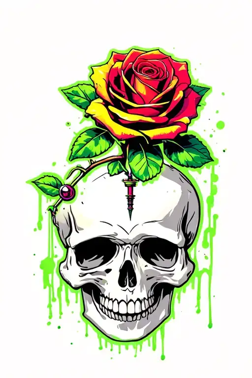 thin rose piercing through the top of a skull tattoo design idea