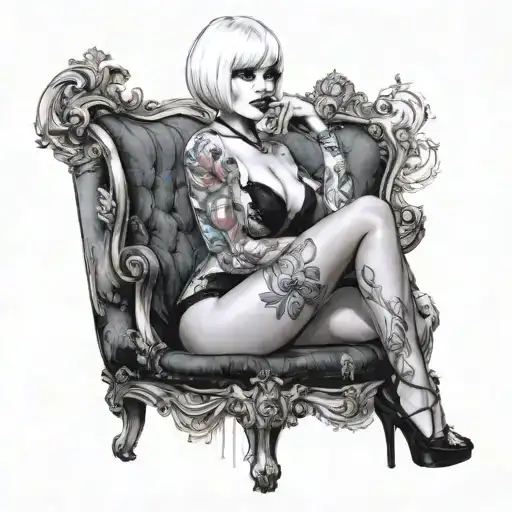 Sexy Woman, short white bob hairstyle, Petite Body, huge cleavage, Thick Thighs, Big booty, Smoking cigarette, side view tattoo design idea