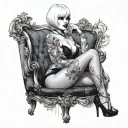 Sexy Woman, short white bob hairstyle, Petite Body, huge cleavage, Thick Thighs, Big booty, Smoking cigarette, side view tattoo design idea