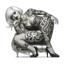 Sexy Woman, short white bob hairstyle, Petite Body, huge cleavage, Thick Thighs, Big booty, Smoking cigarette, side view tattoo design idea