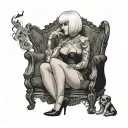 Sexy Woman, short white bob hairstyle, Petite Body, huge cleavage, Thick Thighs, Big booty, Smoking cigarette, side view tattoo design idea
