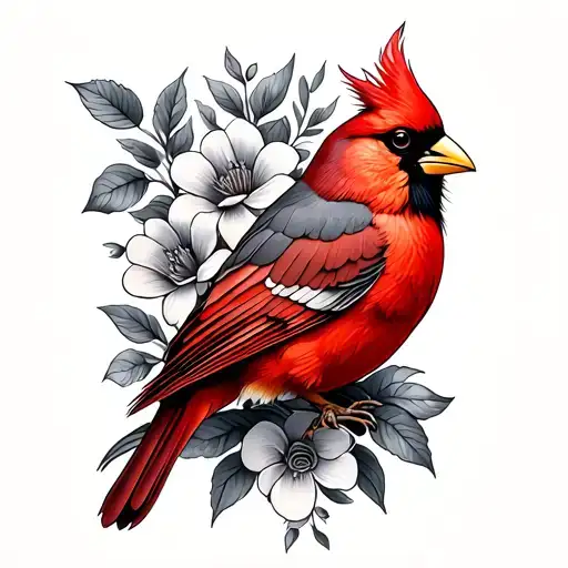 Neo traditional cardinal with black and grey realism flowers tattoo design idea