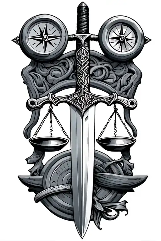 sword, weights and balance scale, compass,  tattoo design idea