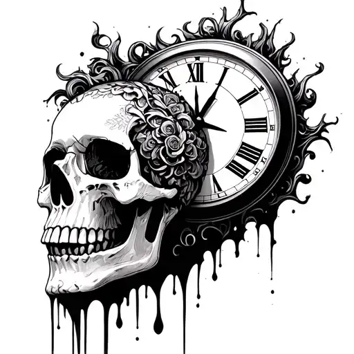 skull and clock melting tattoo design idea