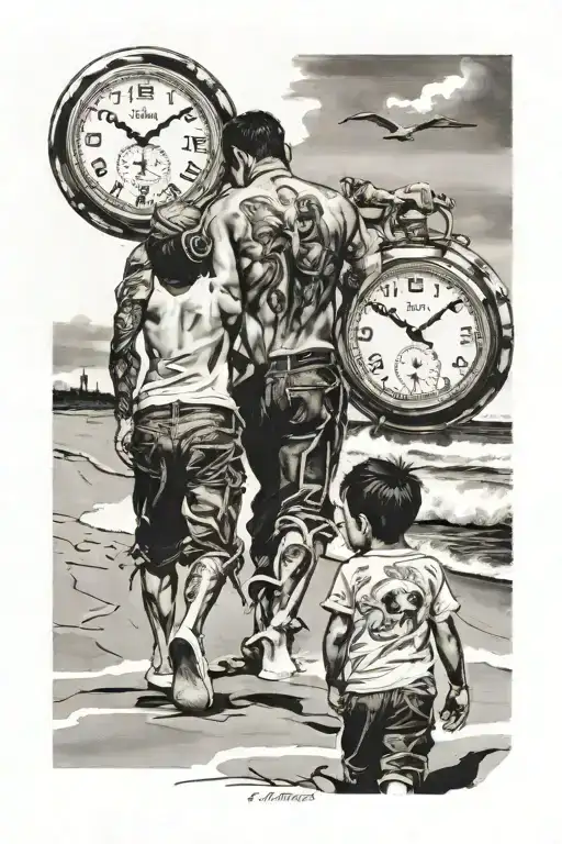 watch time 08:02, men holding boy walking on beach tattoo design idea