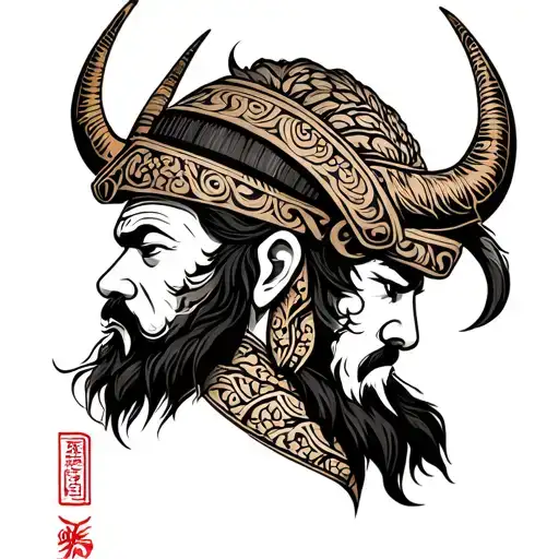 namakubi style viking head profile holding tattoo design idea