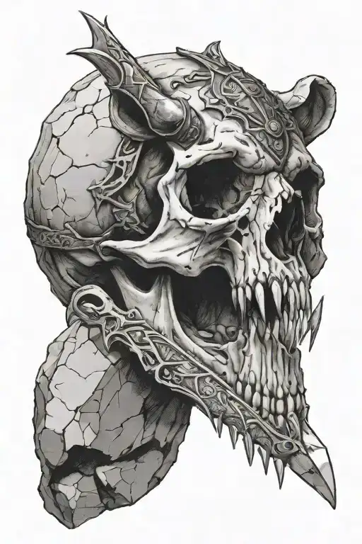 a bear skull in profile with a tomahawk on its forehead lies on the rocks tattoo design idea
