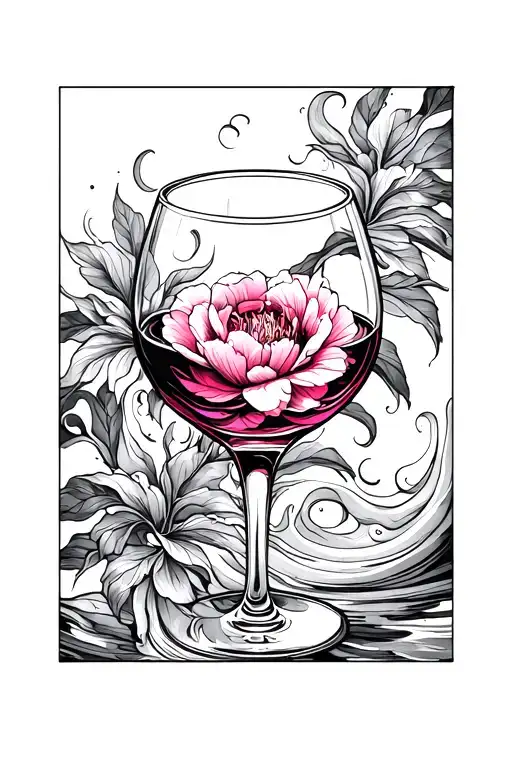 wine glass, waves, pink piony tattoo design idea