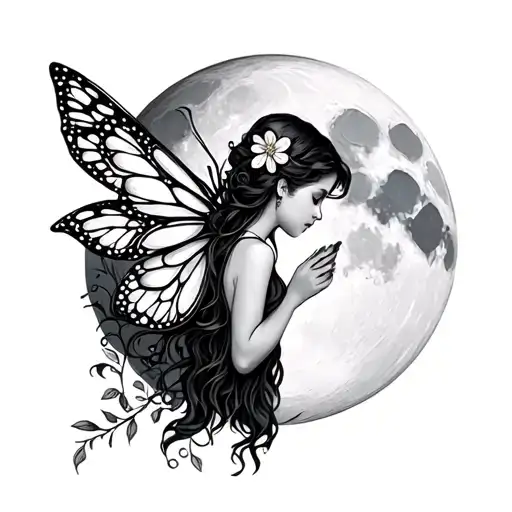 fairy holding flowers in front of the moon tattoo design idea