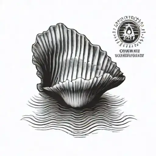 realistic scallop drawn in large and gray. symmetrical, seen straight ahead. thin stretch and a little shade. tattoo design idea