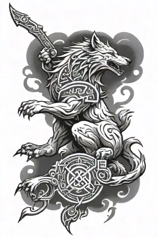fenrir with runes open your heart tattoo design idea