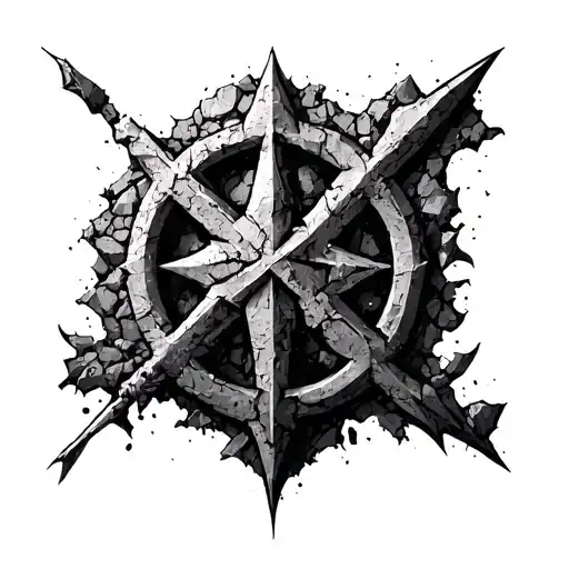 a cross between Khorne's symbol and the Black legion symbol from warhammer 40k made out of crumbling stone tattoo design idea