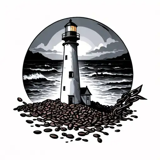 lighthouse, chain, coffee bean, resistance, success, happy, man tattoo design idea