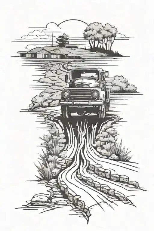 skillsaw blade with a country road leading to river bank with a old pickup on the road  tattoo design idea