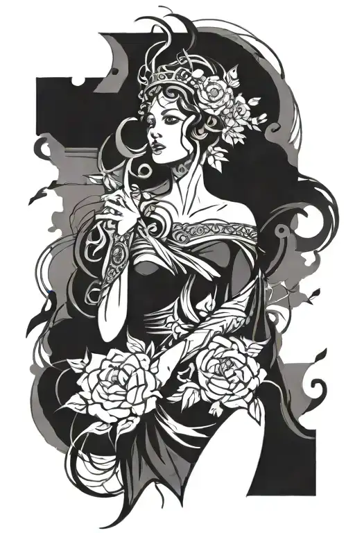 A tattoo design combining the dark femininity of the goddess with flowing abstract art, symbolizing the interplay between light and shadow tattoo design idea
