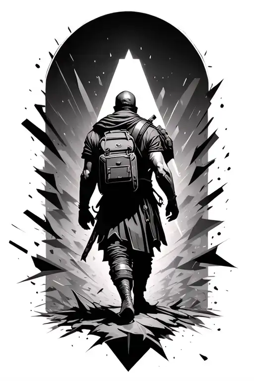 A warrior carrying a knapsack taking a step through a background of geometric destruction toward light. Seen from behind tattoo design idea