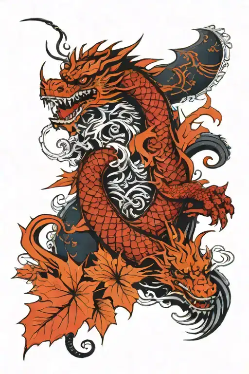 dragon and samurai with koi fish swimming up on forearm and maple leaves swaying in the wind tattoo design idea