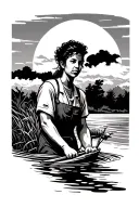 palay rise,workers,sun,river, tattoo design idea