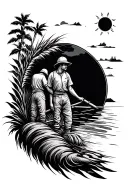 palay rise,workers,sun,river, tattoo design idea