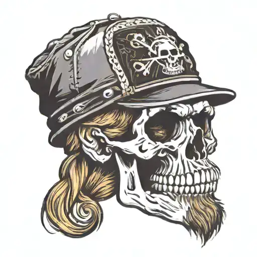 skull with beard wearing black cap with skull and cross bones  tattoo design idea