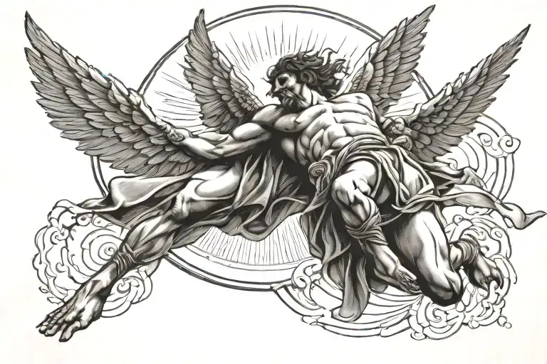 icarus falling from sky with clouds and sun tattoo design idea