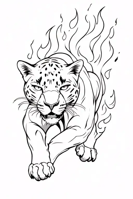 Panther in mid-pounce. The flames are coming from the panther's body. Tattoo is white with black outline. tattoo design idea