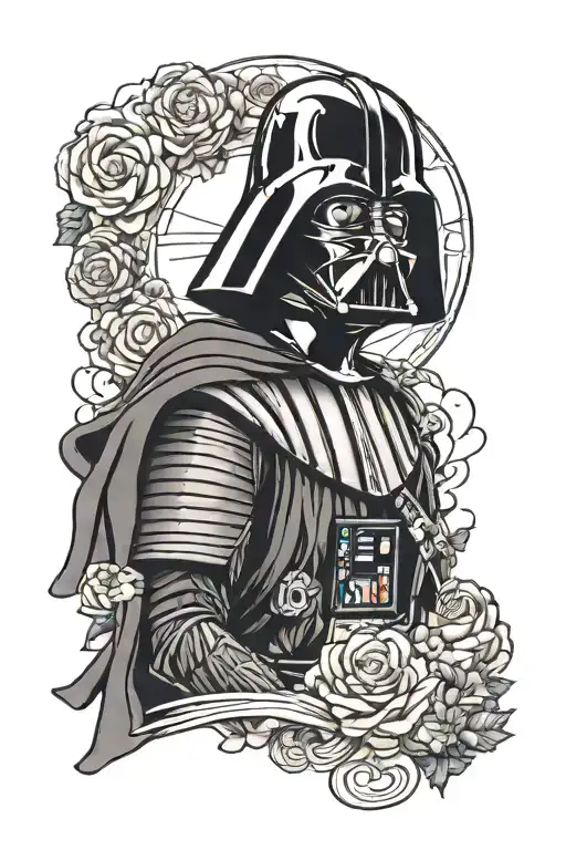 Sleeve tattoo with Darth Vader from Star Wars, Rock Lee from Naruto and the Ravenclaw insignia tattoo design idea