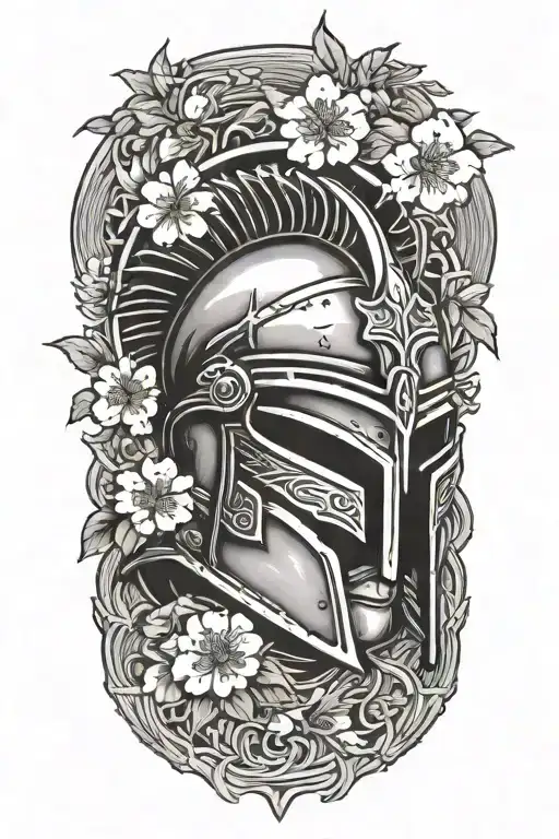 spartan helmet with Japanese Kaizen symbol and cherry blossom behind it  tattoo design idea