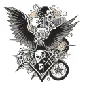 A tattoo design combining elements from Weezer, Metallica, and Smashing Pumpkins logos in a unique and cohesive way tattoo design idea