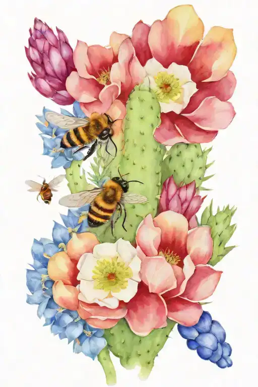 bluebonnets, bees, cactus tattoo design idea