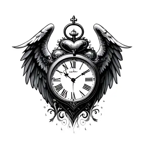 Heart clock Angel Wings tattoo design idea