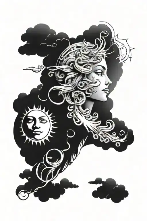Moon and sun with face, angel, cloud background tattoo design idea