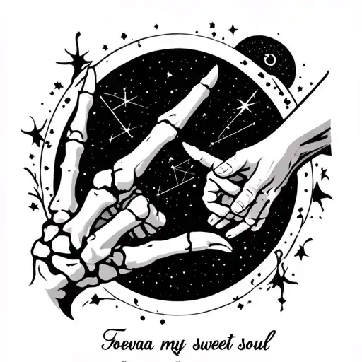 skeleton hand and a woman’s hand pinky promise. Aries and Leo zodiac constellation. "Foevaa my sweet soul" tattoo design idea
