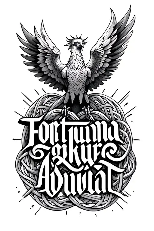 Lettering fortis fortuna adiuvat, in the background rising a phoenix and an endless knot shrivatsa tattoo design idea