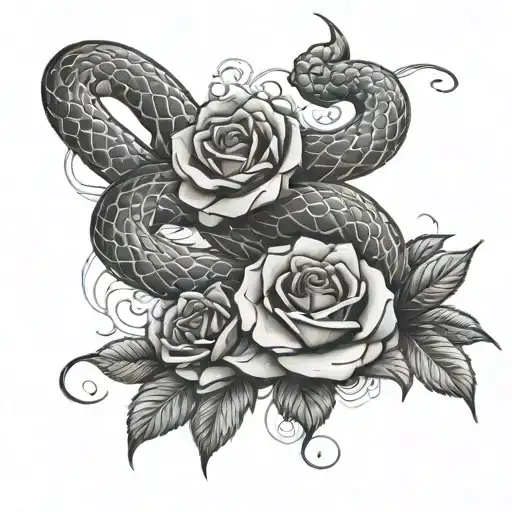 tattoo sketch snake with roses black and white for a girl on the stomach and sides tattoo design idea