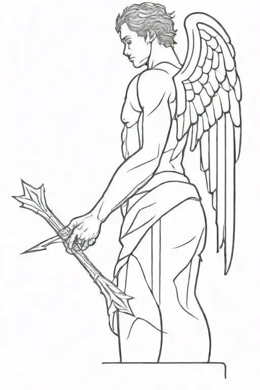 behind arch angel gabriel standing in ruins with hurt wings fighting demons and protecting heaven, back tattoo tattoo design idea