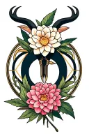 Taurus symbol with Sagittarius symbol, Olive branch, dahlia flower , feminine in style tattoo design idea