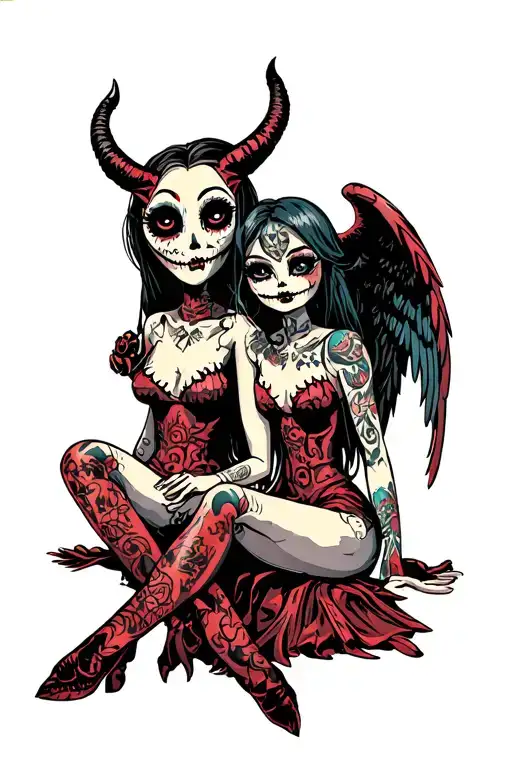 voodoo devil & angel doll sitting tattoo design idea
