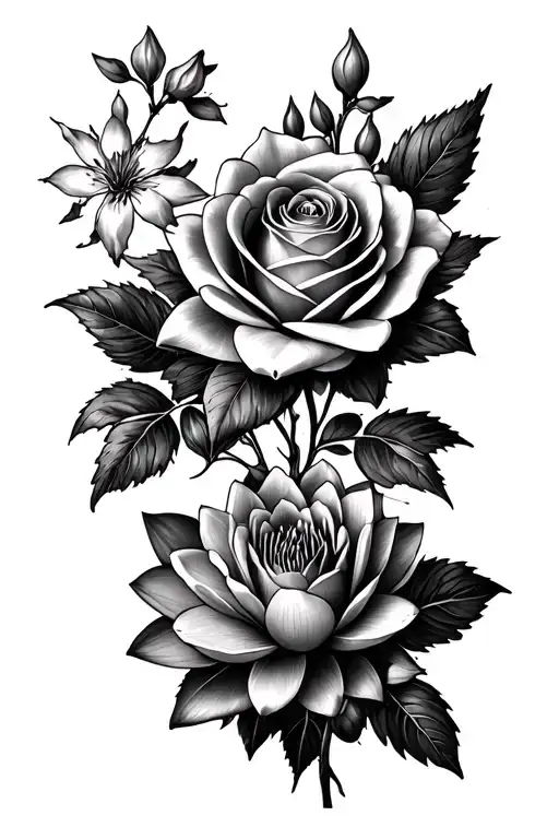 rose, water lily, larkspur, honeysuckle flowers tattoo design idea